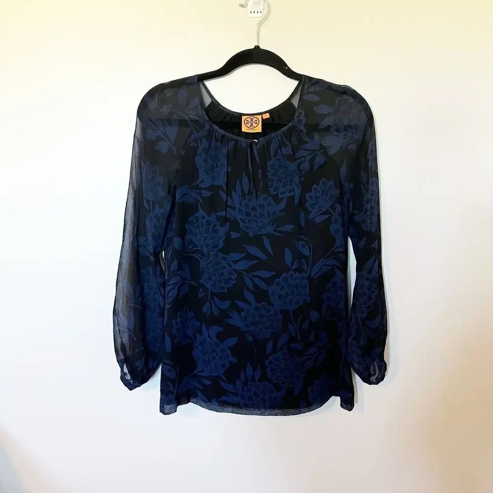 Tory Burch black blue floral silk long sleeve blouse women‎ size 2